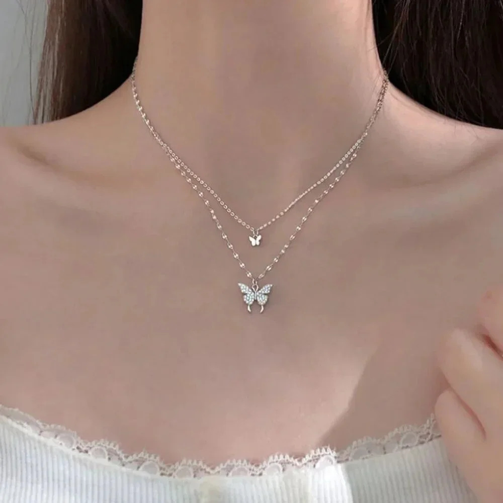 Silver Minimalist & Dainty Butterfly Layer Necklace Sequin Thin Chain Necklace